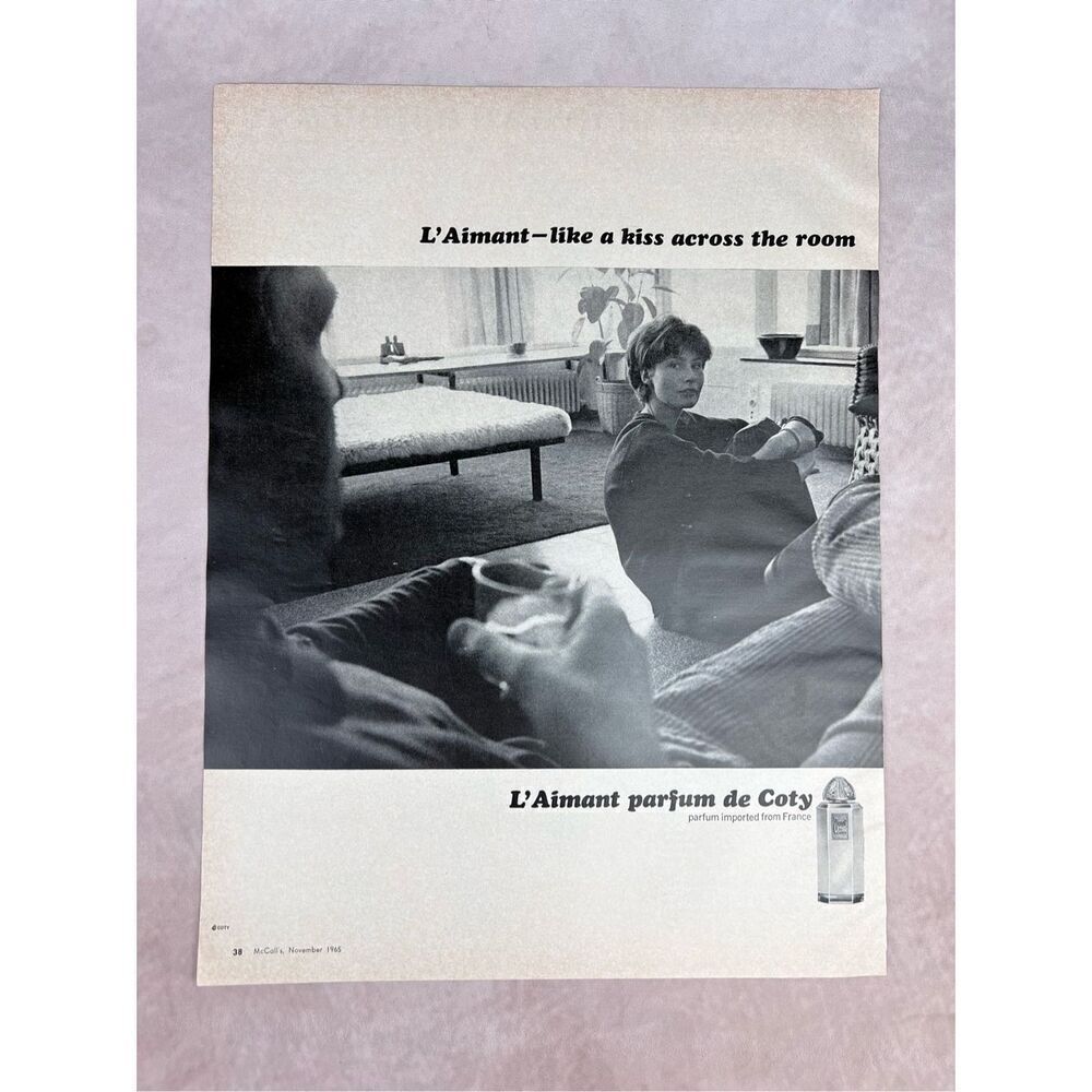 Vintage 1965 L'Aimant Parfum de Coty PRINT AD French Perfume Kiss Across Room